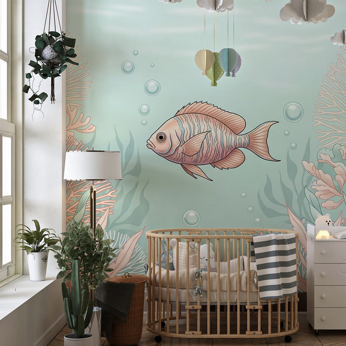Papel de parede para quarto de bebé | Peixe a nadar entre corais pastel
