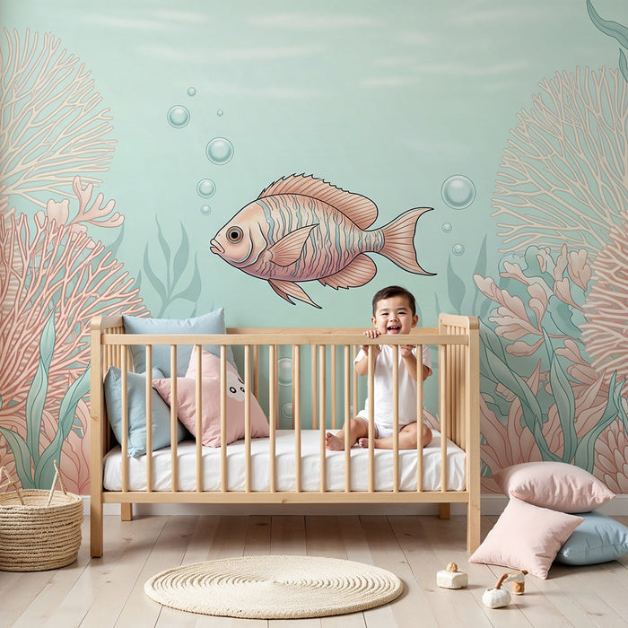 Papel de parede para quarto de bebé | Peixe a nadar entre corais pastel