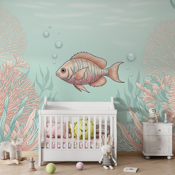 Papel de parede para quarto de bebé | Peixe a nadar entre corais pastel
