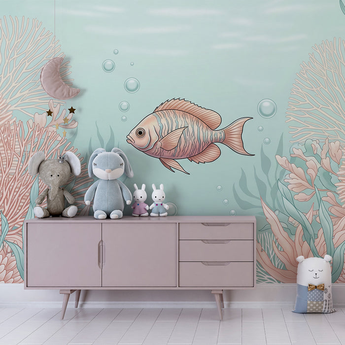 Papel de parede para quarto de bebé | Peixe a nadar entre corais pastel
