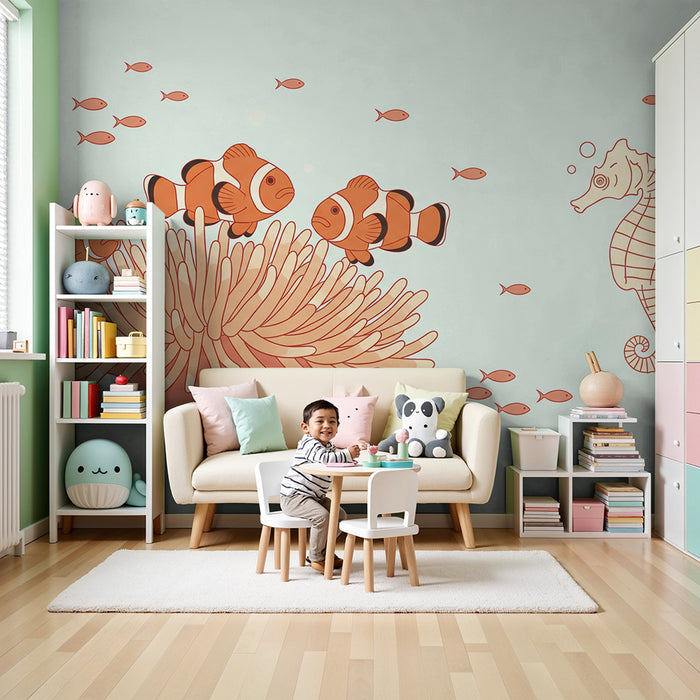 Papel de parede para quarto de bebé | Peixe-palhaço e cavalo-marinho num universo marinho sereno