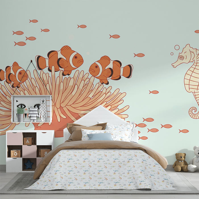 Papel de parede para quarto de bebé | Peixe-palhaço e cavalo-marinho num universo marinho sereno