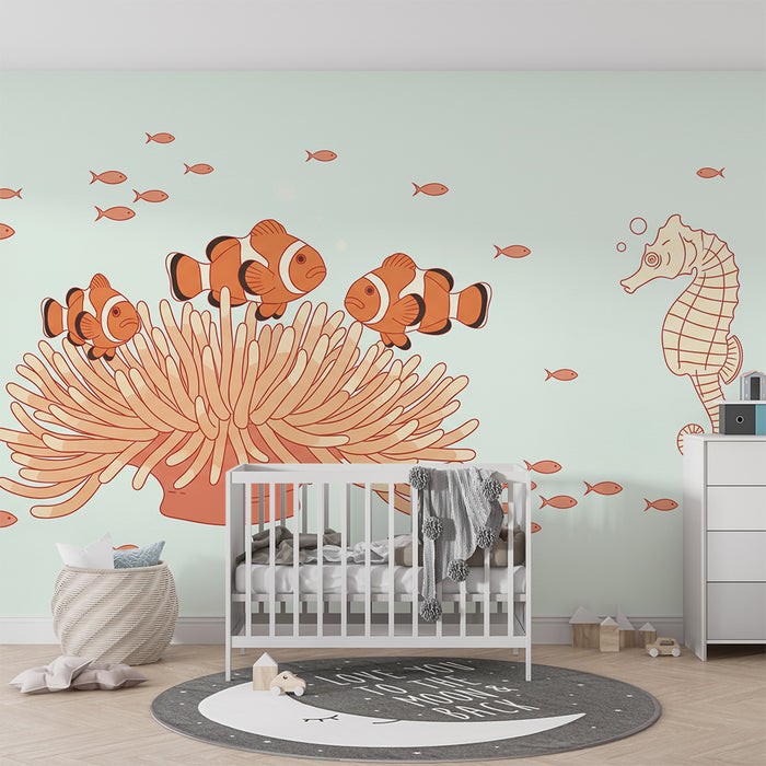 Papel de parede para quarto de bebé | Peixe-palhaço e cavalo-marinho num universo marinho sereno