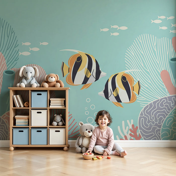 Babyzimmer-Tapete | Bunte Fische und Korallen in warmer Meereslandschaft
