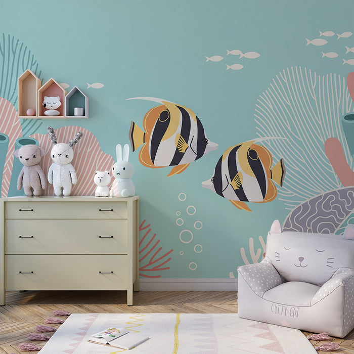 Babyzimmer-Tapete | Bunte Fische und Korallen in warmer Meereslandschaft