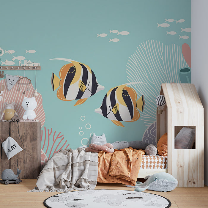 Babyzimmer-Tapete | Bunte Fische und Korallen in warmer Meereslandschaft
