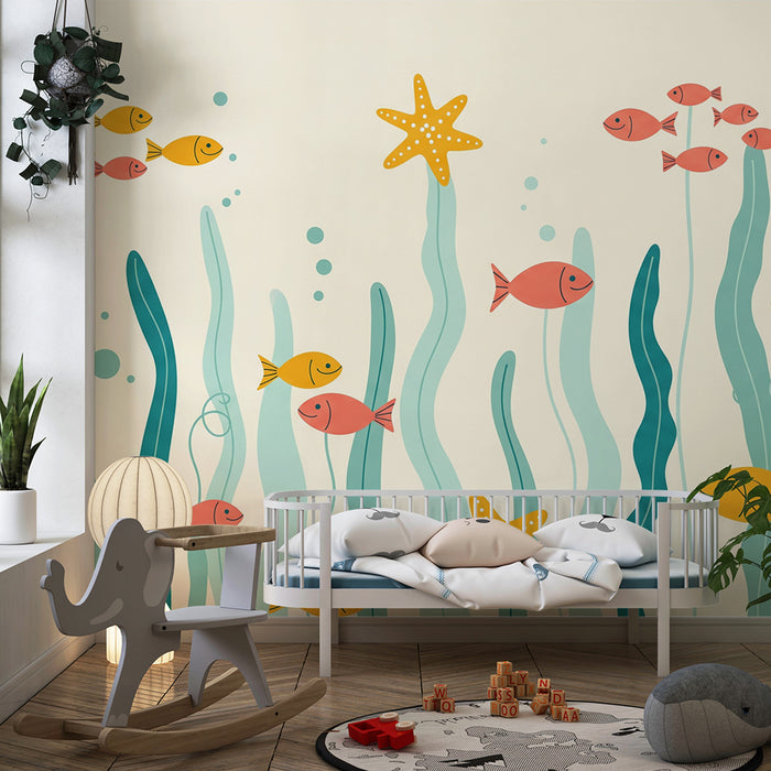Carta da parati per cameretta | Pesci colorati e stelle marine in un universo acquatico