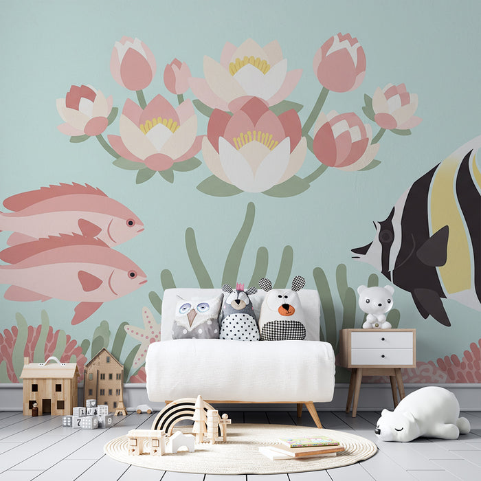 Barnsrumstapet | Färgglada fiskar och vattenblommor i ett lugnande havstema