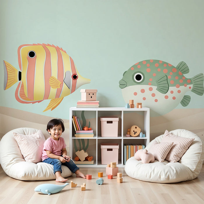 Papel de parede para quarto de bebé | Peixes coloridos e fundo do mar relaxante