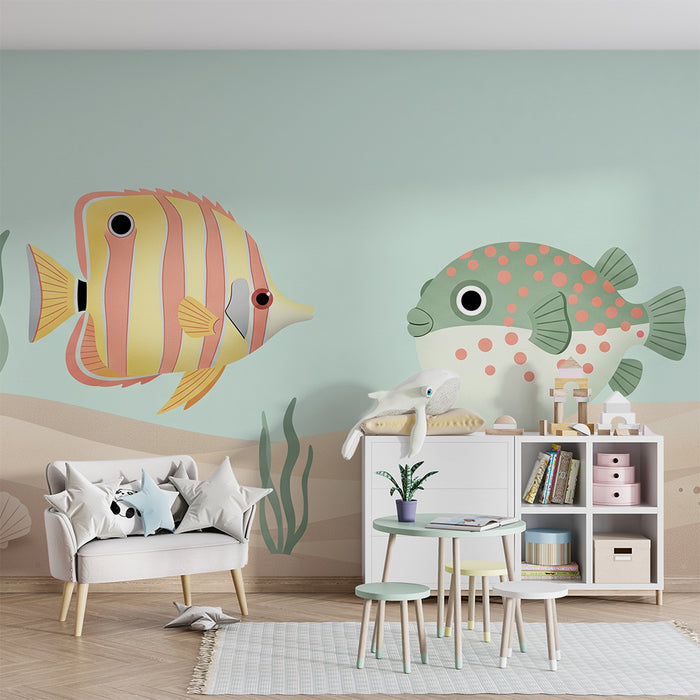 Papel de parede para quarto de bebé | Peixes coloridos e fundo do mar relaxante