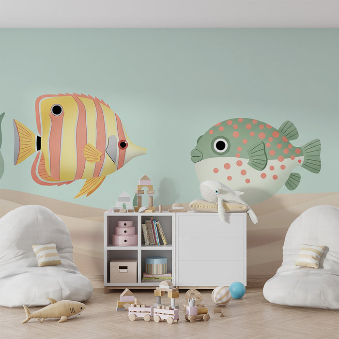Papel de parede para quarto de bebé | Peixes coloridos e fundo do mar relaxante