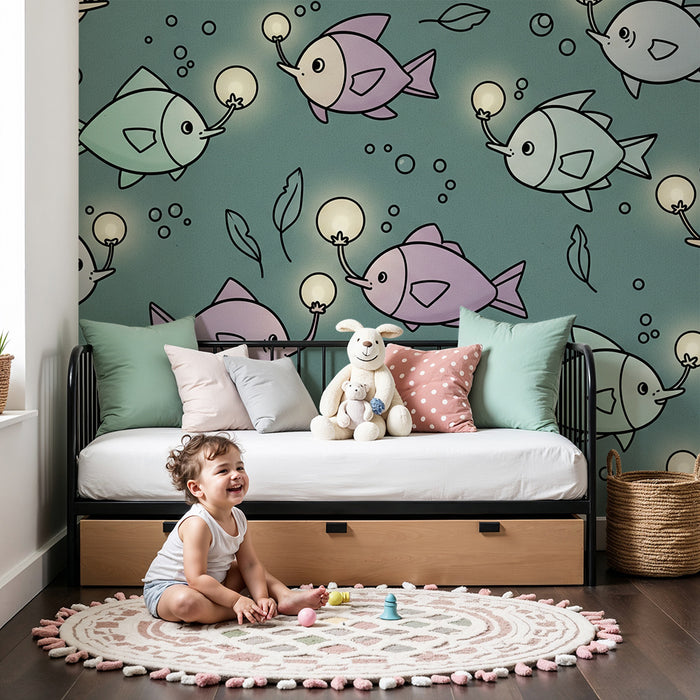 Papier peint chambre bébé | Poissons colorés illuminés dans un océan apaisant