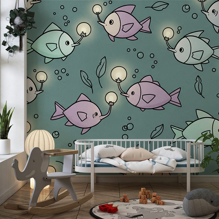 Papier peint chambre bébé | Poissons colorés illuminés dans un océan apaisant