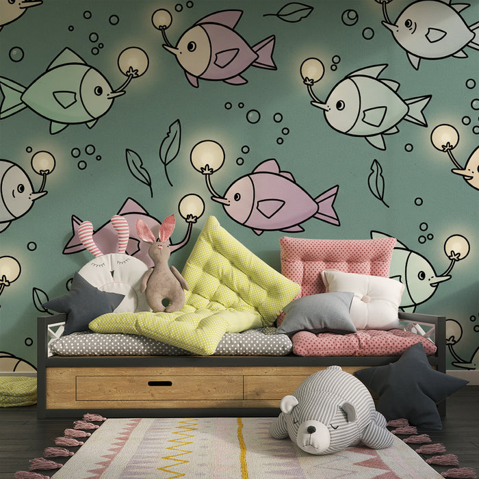 Papier peint chambre bébé | Poissons colorés illuminés dans un océan apaisant