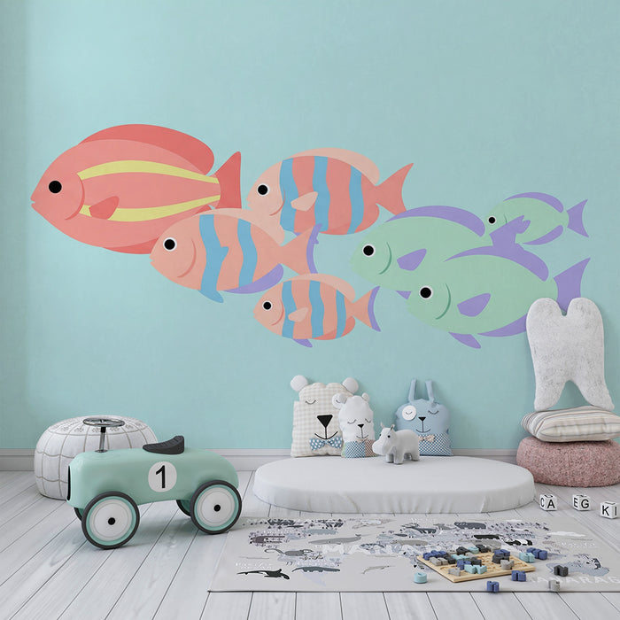 Papel de parede para quarto de bebé | Peixes coloridos a nadar num oceano tranquilo