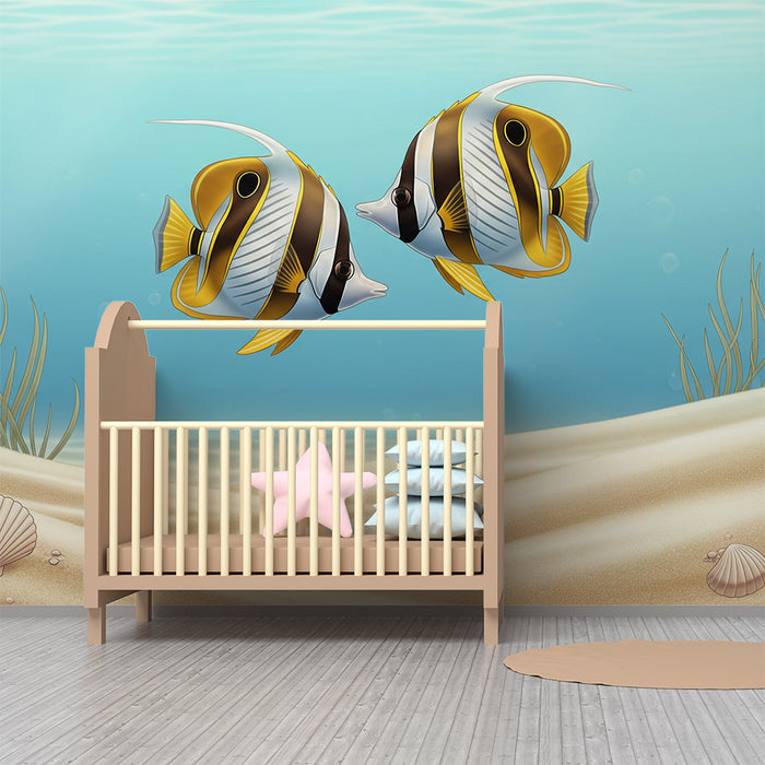 Papel de parede para quarto de bebé | Peixes de águas quentes num universo subaquático suave