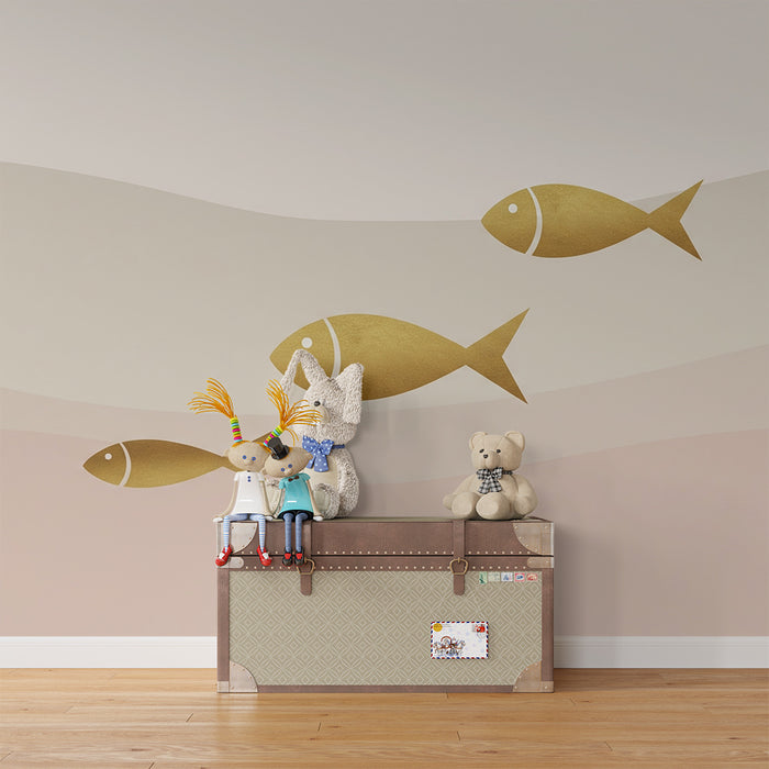 Papel de parede quarto bebê | Peixes dourados nadando em ondas suaves