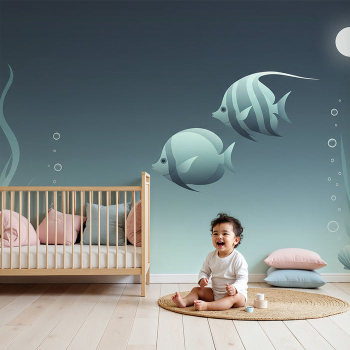 Papel de parede para quarto de bebé | Peixes e algas submarinos em tons suaves