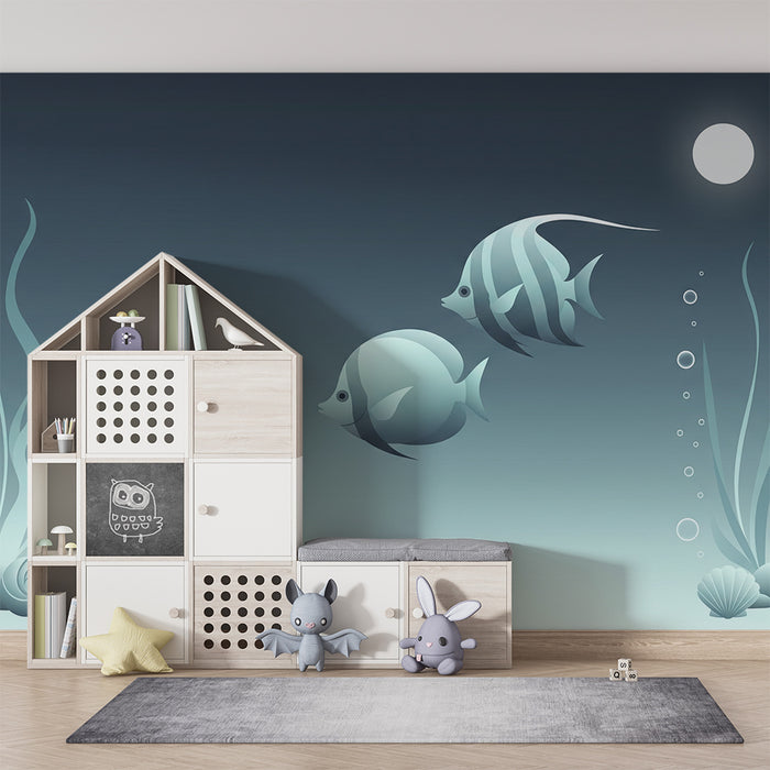 Papel de parede para quarto de bebé | Peixes e algas submarinos em tons suaves