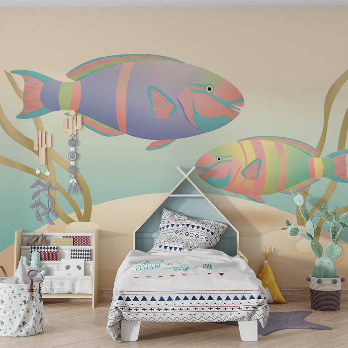 **Text tradus:**

Tapet cameră bebeluș | Pești exotici într-un decor subacvatic în tonuri moi