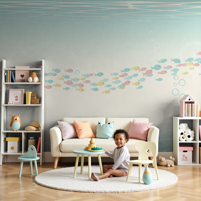 Papel de parede para quarto de bebé | Peixes exóticos e bolhas num cenário subaquático