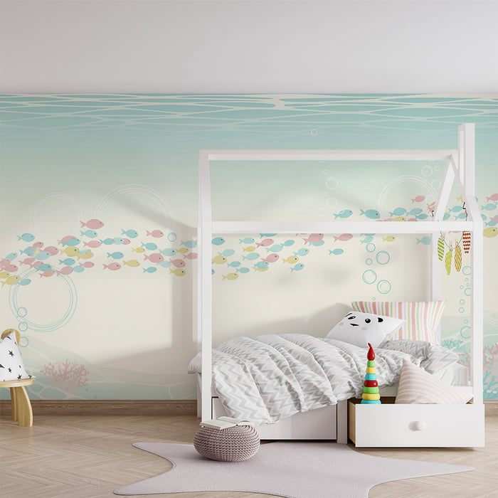 Papel de parede para quarto de bebé | Peixes exóticos e bolhas num cenário subaquático