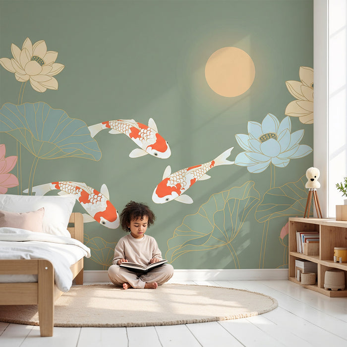 Papel de parede quarto bebê | Peixes koi e flores de lótus em um fundo tranquilo