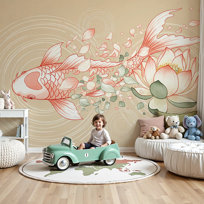 Papel de parede para quarto de bebé | Peixes koi e flores de lótus sobre fundo suave