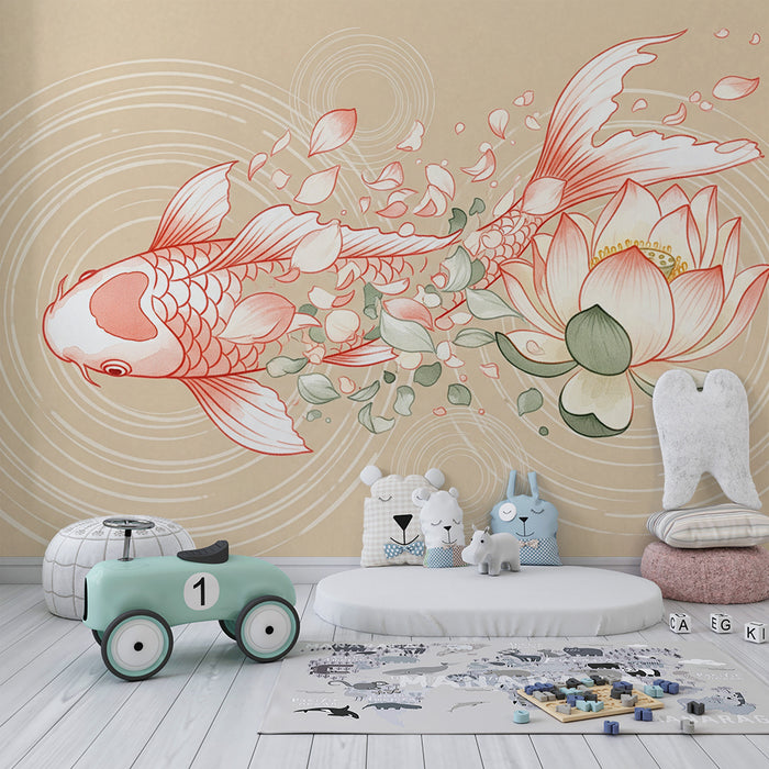 Papel de parede para quarto de bebé | Peixes koi e flores de lótus sobre fundo suave