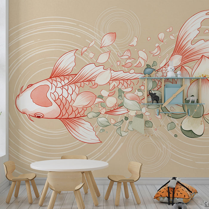 Papel de parede para quarto de bebé | Peixes koi e flores de lótus sobre fundo suave