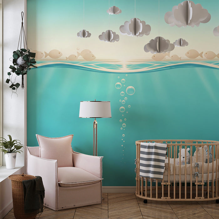 Papier peint chambre bébé | Poissons mignons et bulles sous l'eau