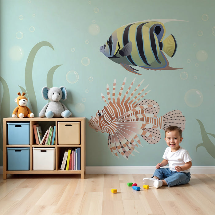 Papel de parede para quarto de bebé | Peixes tropicais coloridos e bolhas subaquáticas