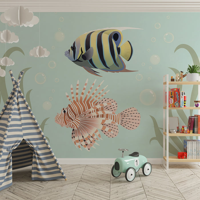 Papel de parede para quarto de bebé | Peixes tropicais coloridos e bolhas subaquáticas