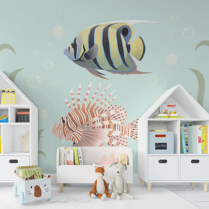 Papel de parede para quarto de bebé | Peixes tropicais coloridos e bolhas subaquáticas