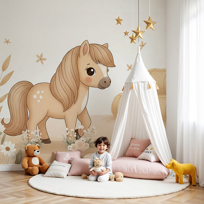 Papier peint chambre bébé | Poney mignon avec abri et fleurs délicates