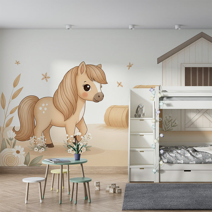 Papier peint chambre bébé | Poney mignon avec abri et fleurs délicates