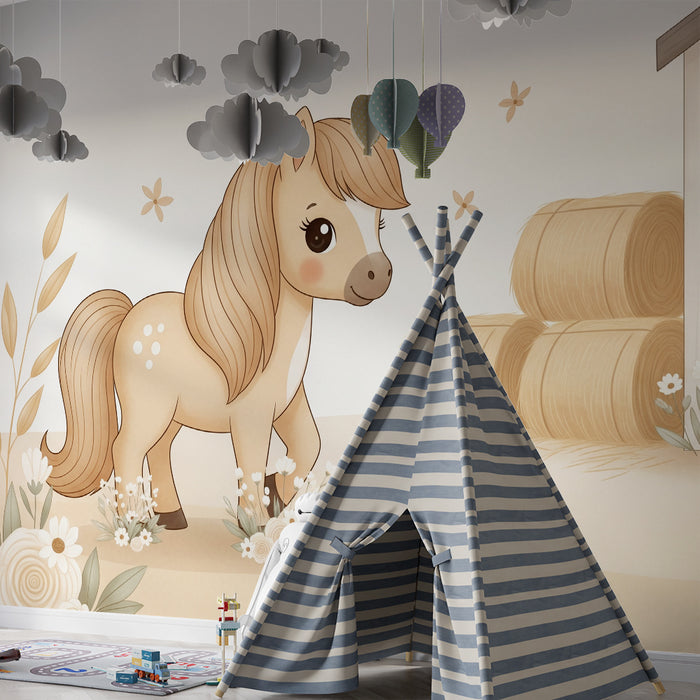 Papier peint chambre bébé | Poney mignon avec abri et fleurs délicates