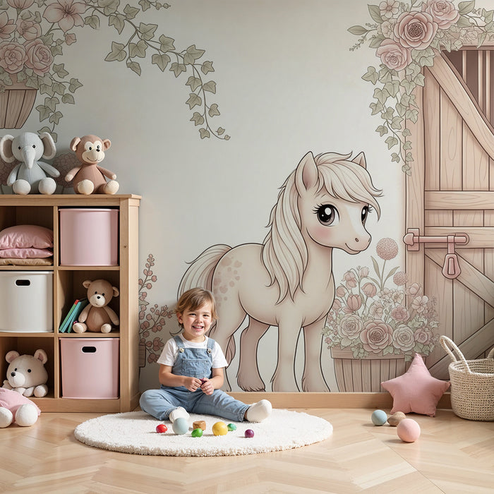 Papier peint chambre bébé | Poney mignon entouré de fleurs délicates