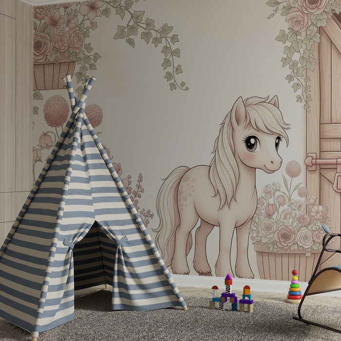 Papier peint chambre bébé | Poney mignon entouré de fleurs délicates