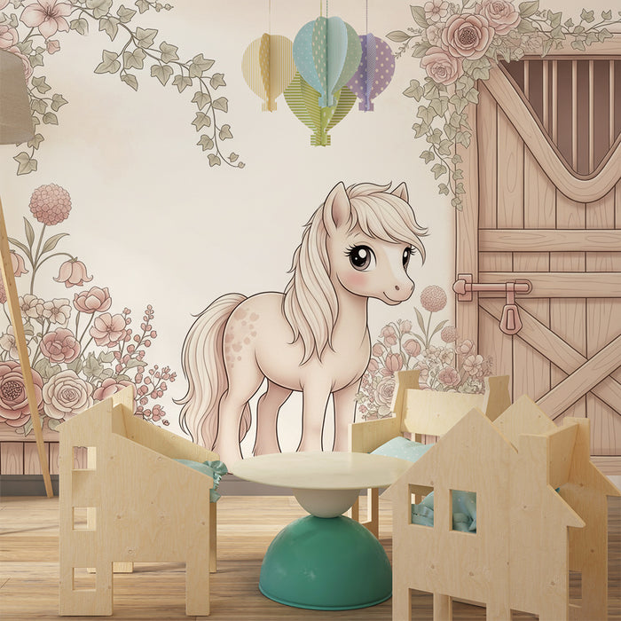 Papier peint chambre bébé | Poney mignon entouré de fleurs délicates