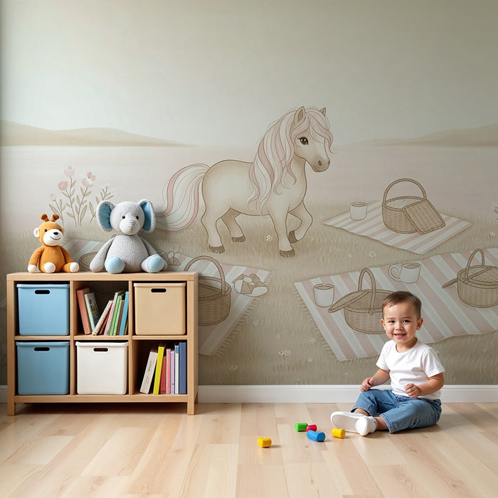 Papier peint chambre bébé | Poney mignon et pique-nique au bord de l'eau