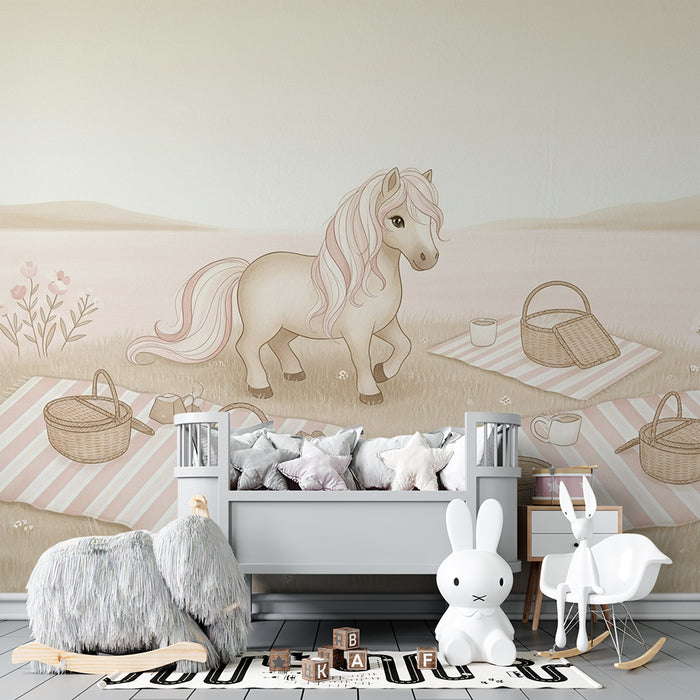 Papier peint chambre bébé | Poney mignon et pique-nique au bord de l'eau