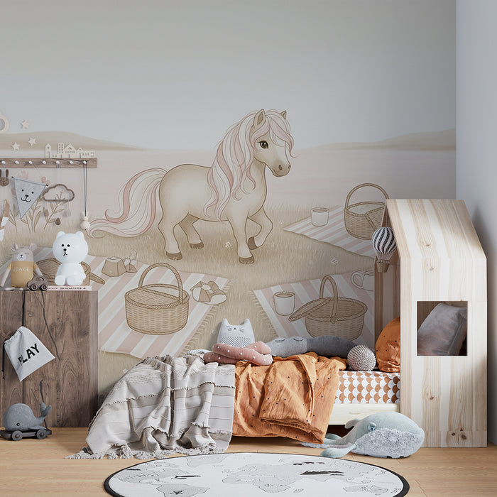 Papier peint chambre bébé | Poney mignon et pique-nique au bord de l'eau