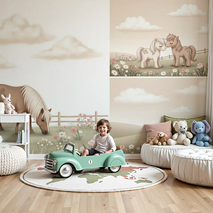 Papier peint chambre bébé | Poneys mignons dans un champ fleuri