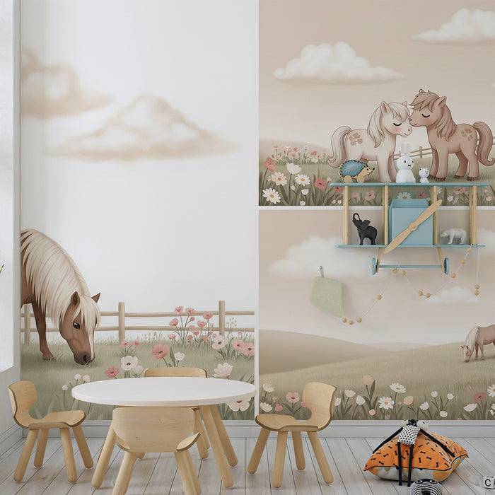 Papier peint chambre bébé | Poneys mignons dans un champ fleuri