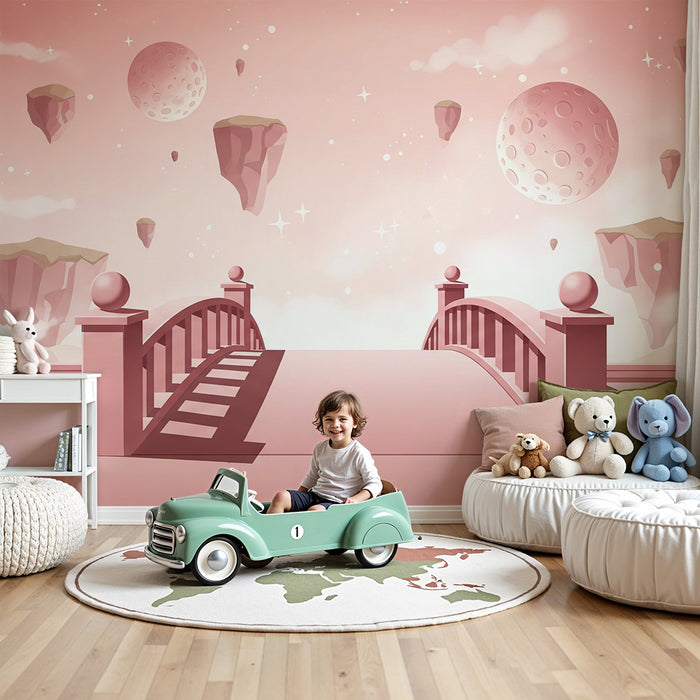 Papier peint chambre bébé | Pont féerique et paysages célestes roses