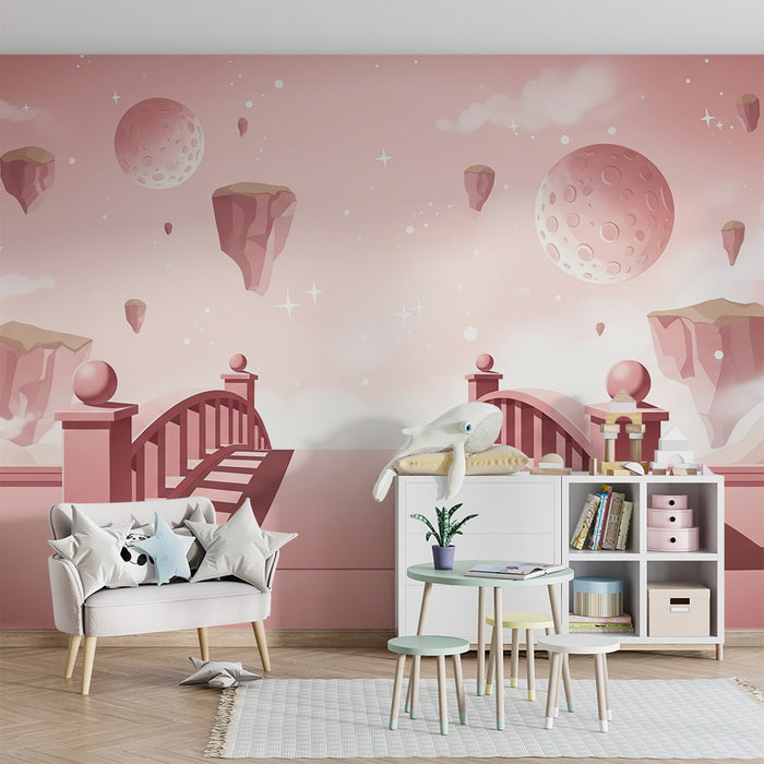 Papier peint chambre bébé | Pont féerique et paysages célestes roses