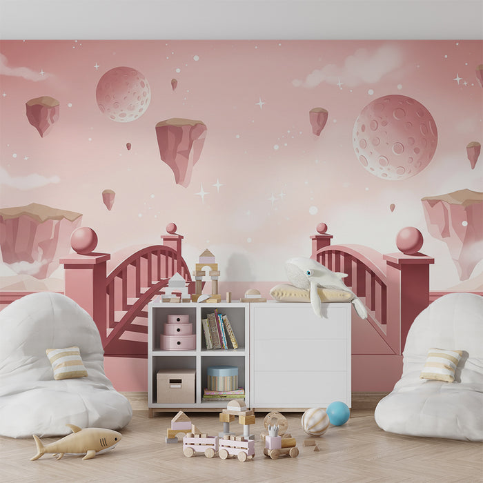 Papier peint chambre bébé | Pont féerique et paysages célestes roses