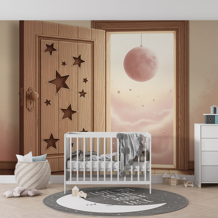 Sovrums tapet för babyrum | Trädörr med stjärnor och drömlikt landskap
