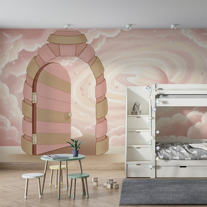 **Barnerom tapet | Magisk dør til en stjernehimmel med rosa planeter**